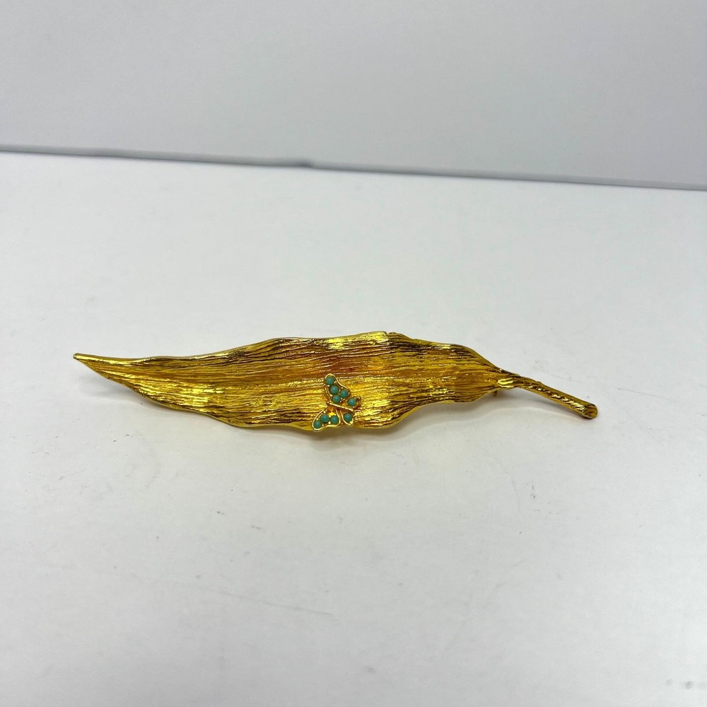 Vintage Gold Leaf Butterfly Brooch 4" Faux Turquoise Textured Nature Botanical